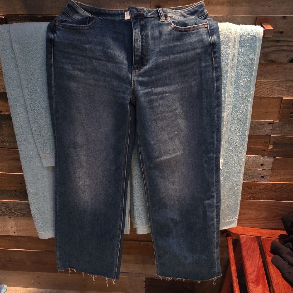 Risen Jeans, Wide Leg Blue Jeans, Fringe Hem